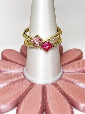 Bomb Party Gold Plated Pink CZ Bypass Ring Size 7  Two-Tone Pink Stones